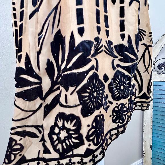 *SILK Beaded Burnout Velvet Sweetheart V-Neck Boho Babydoll Blouse Womens Large - Picture 8 of 14